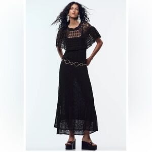 Zara POINTELLE KNIT RUFFLE LONG DRESS black Sz M